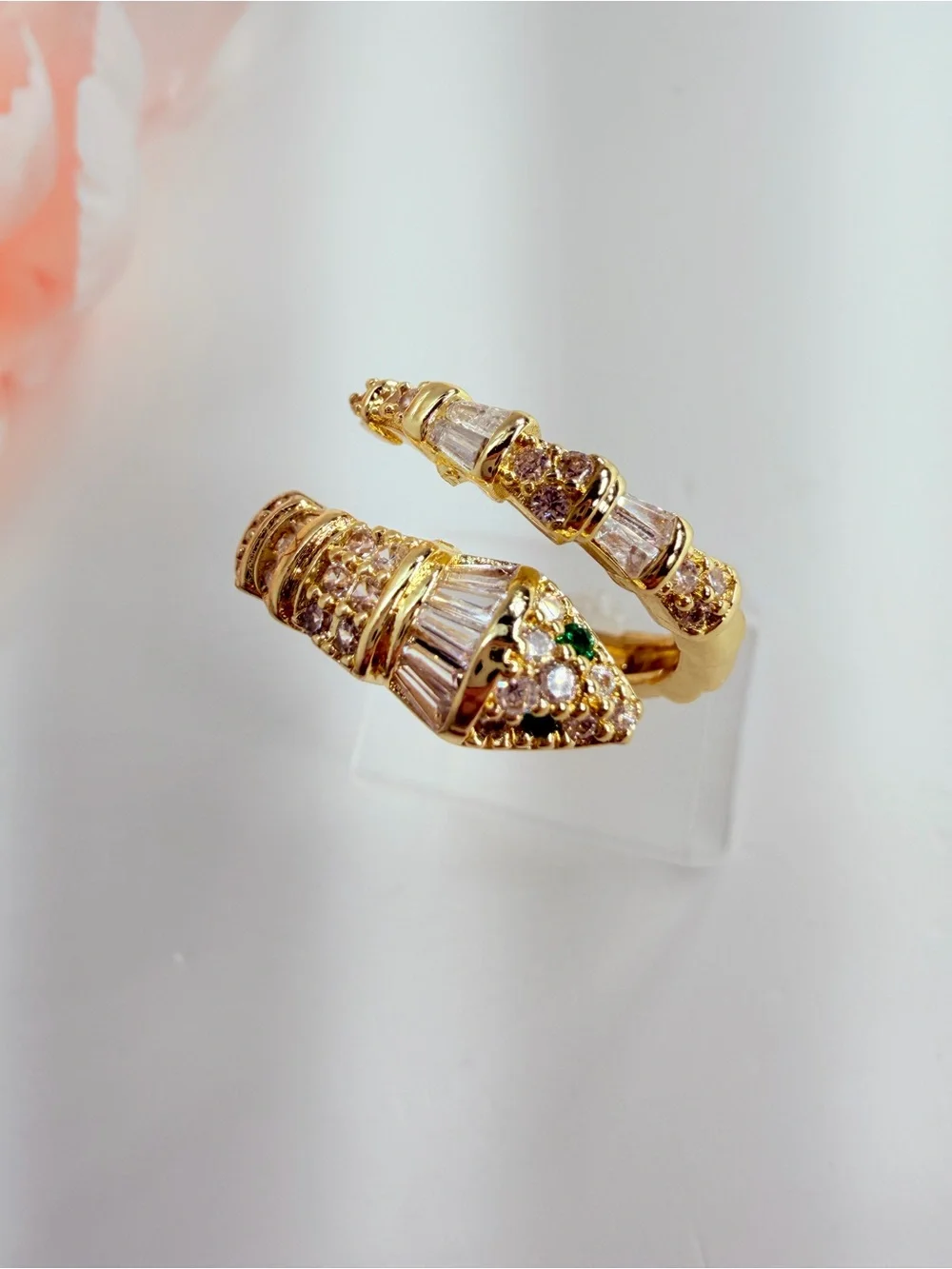Gold Serpent-Style Ring with  Green Crystal Accents